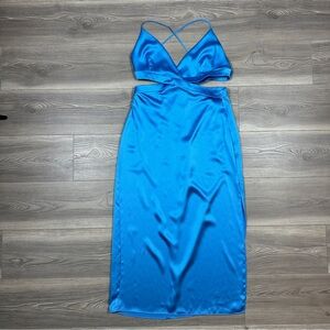 ZARA Blue Satin Cutout Midi Dress Criss‎ Cross Back Date Night Cocktail L